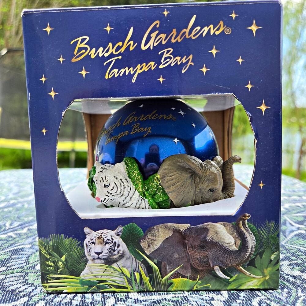 Busch Gardens Tampa Bay Christmas Glass Ball Bauble Blue Hand-Painted Animals